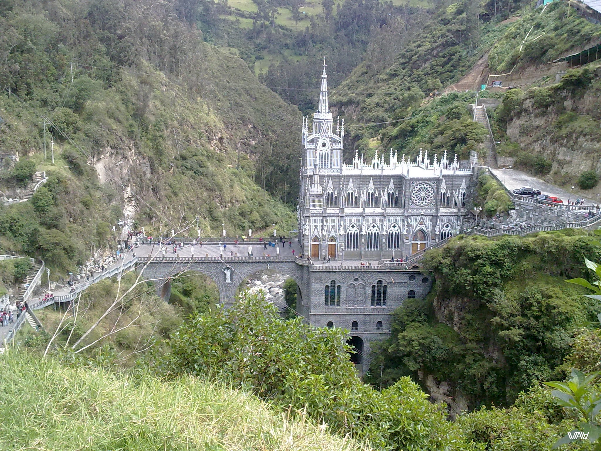 View of Santuario De Las Lajas from the hill in front of it. Ipiales, Colombia